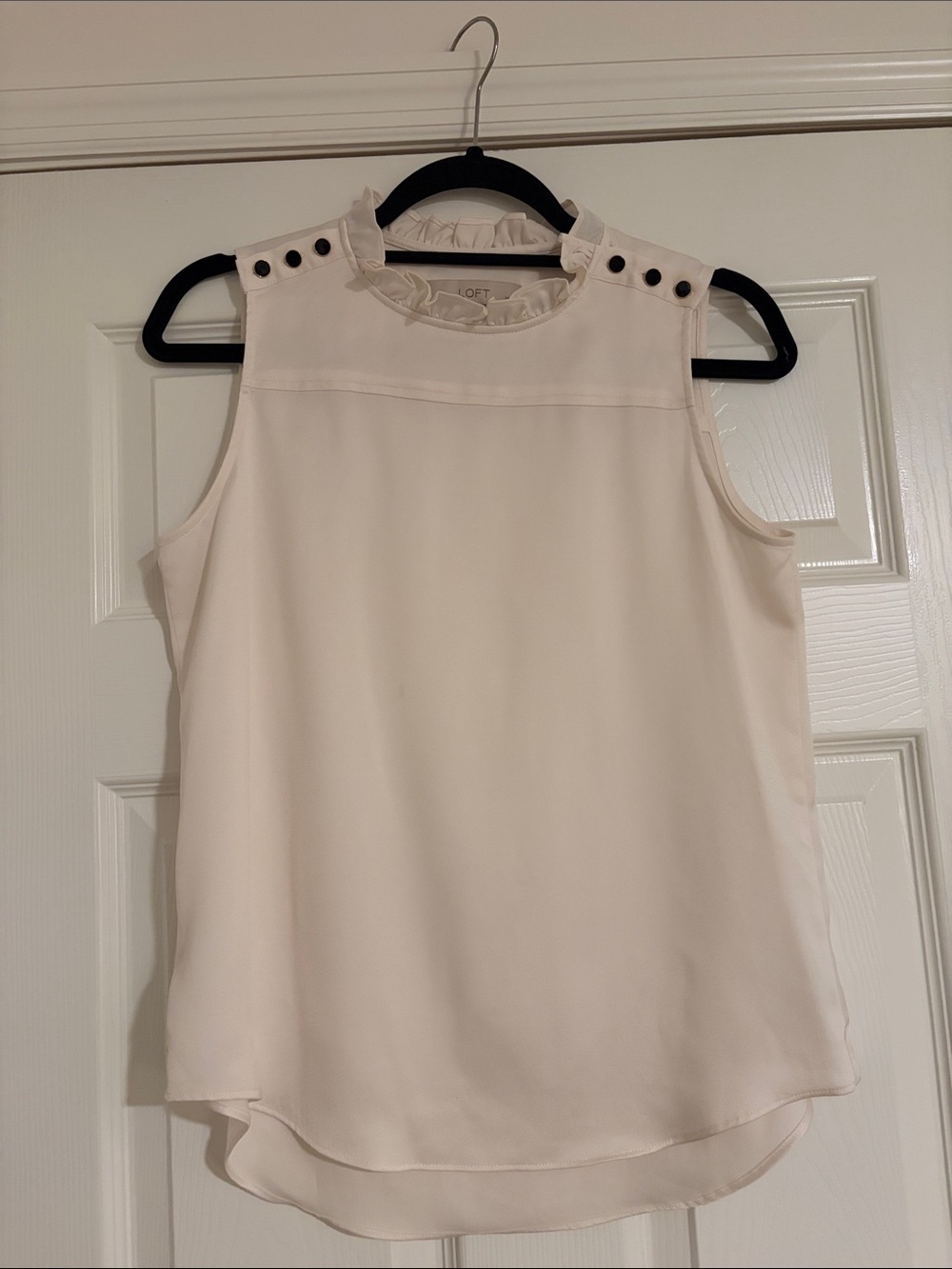 LOFT Petite Cream Ruffle-Neck Sleeveless Shell with Shoulder Buttons